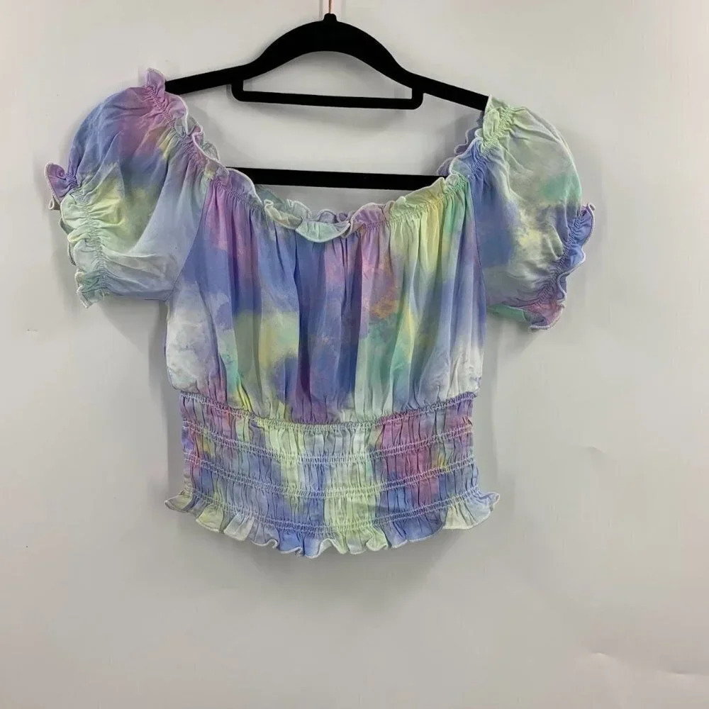 Abound Women's Tie dye Off The Shoulder‎ Crop Top Green Multi Tie Dye SZ XS NWT